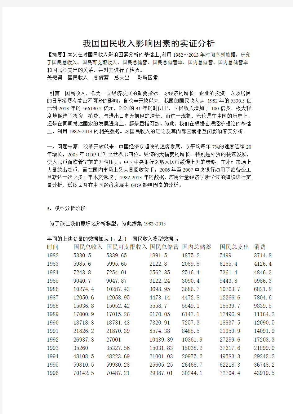 我国国民收入影响因素的实证分析