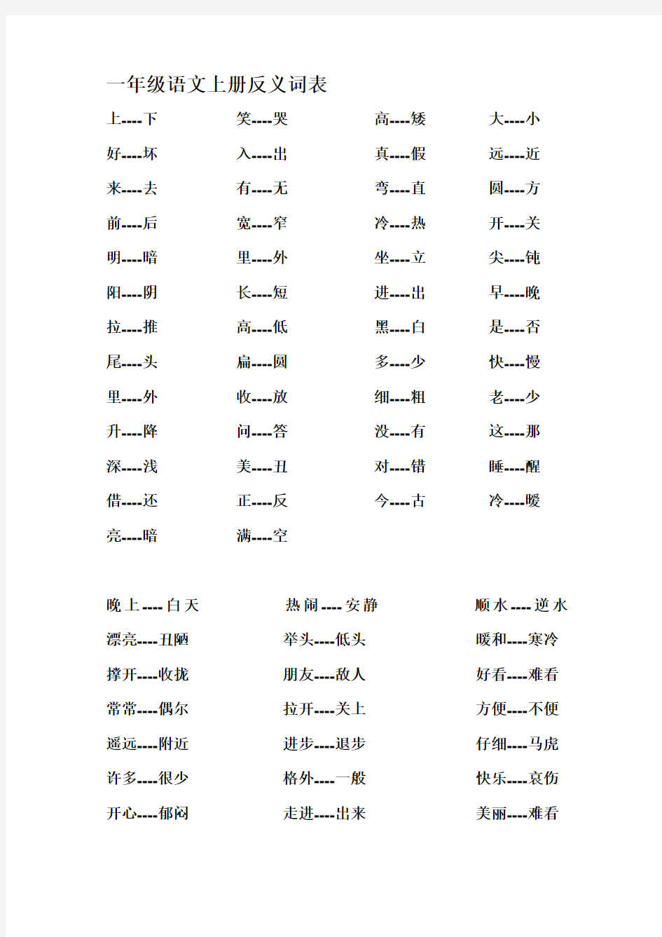 一年级语文上册反义词
