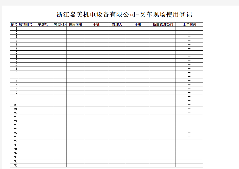 现场叉车使用登记表