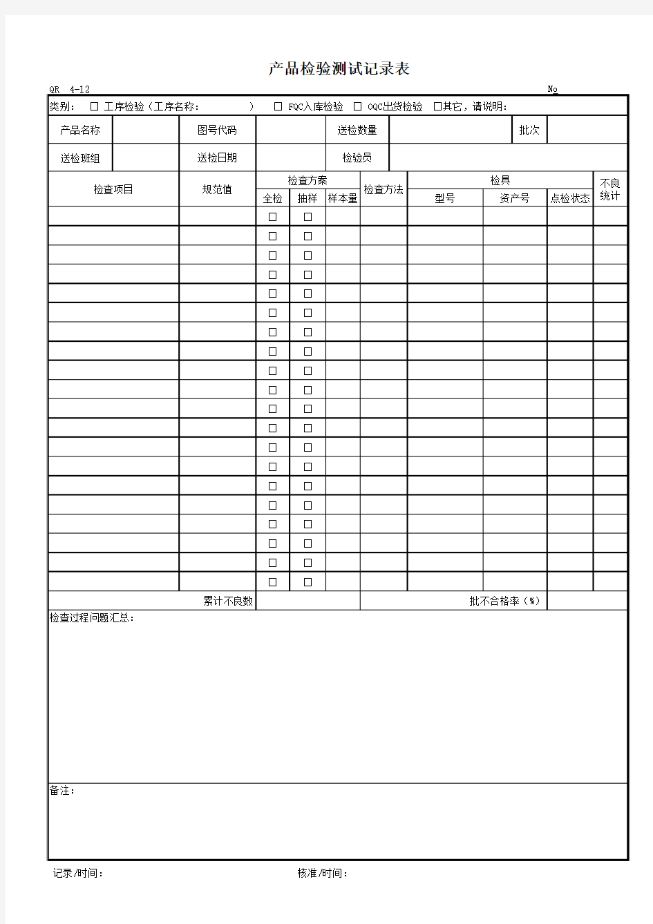 产品检验测试记录表