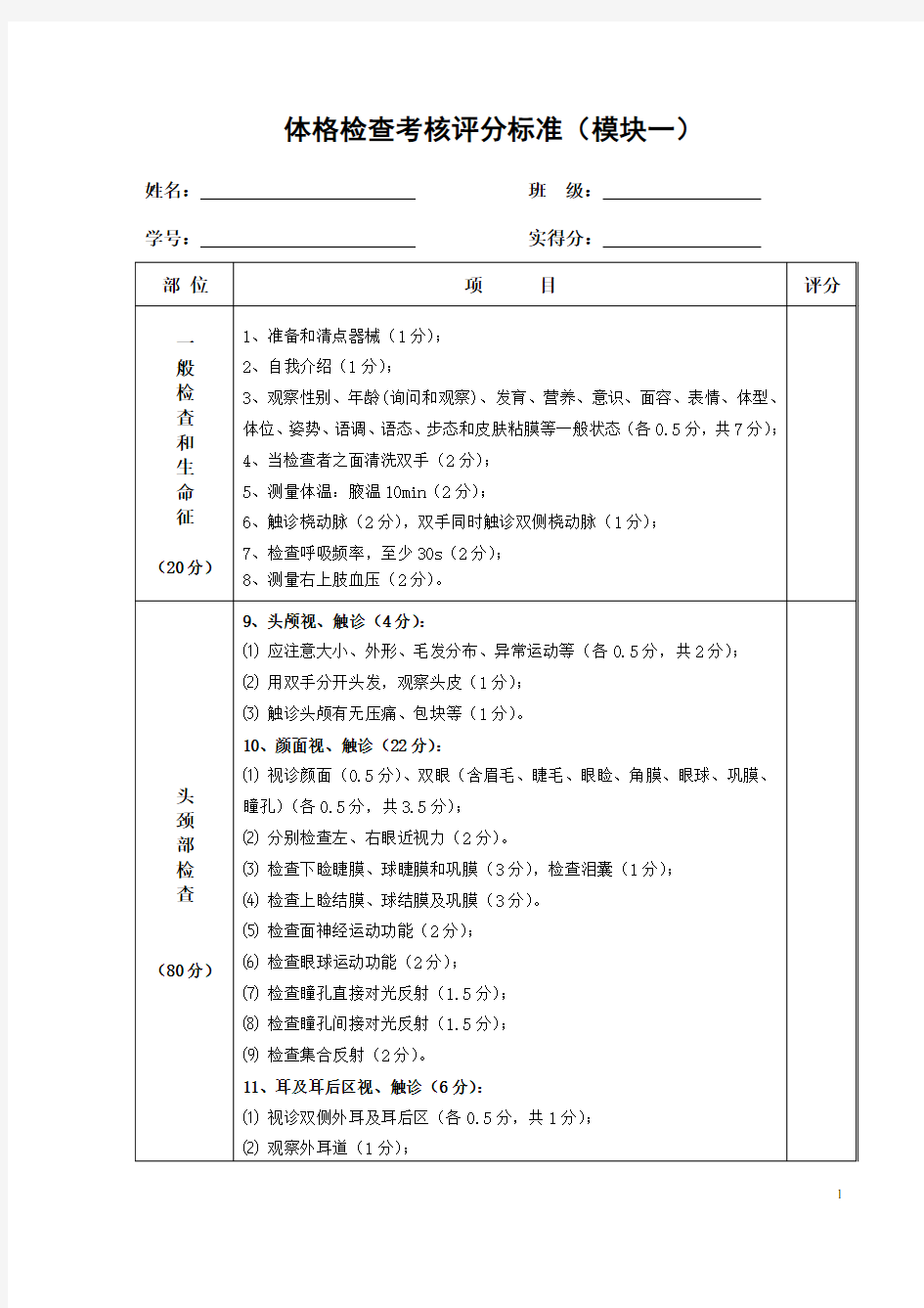 体格检查考核评分标准(最新标准)