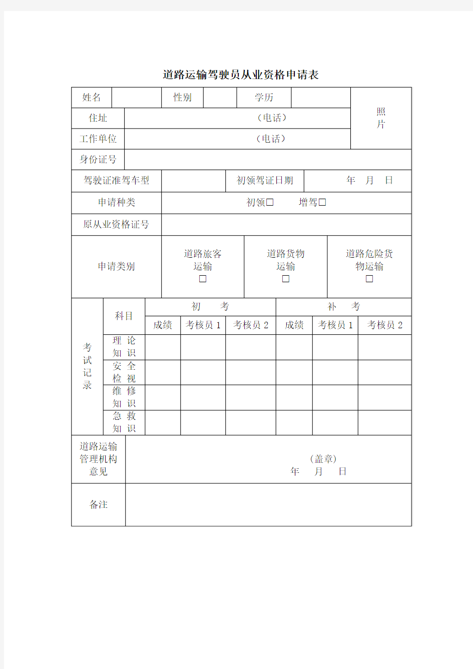 道路运输驾驶员从业资格申请表