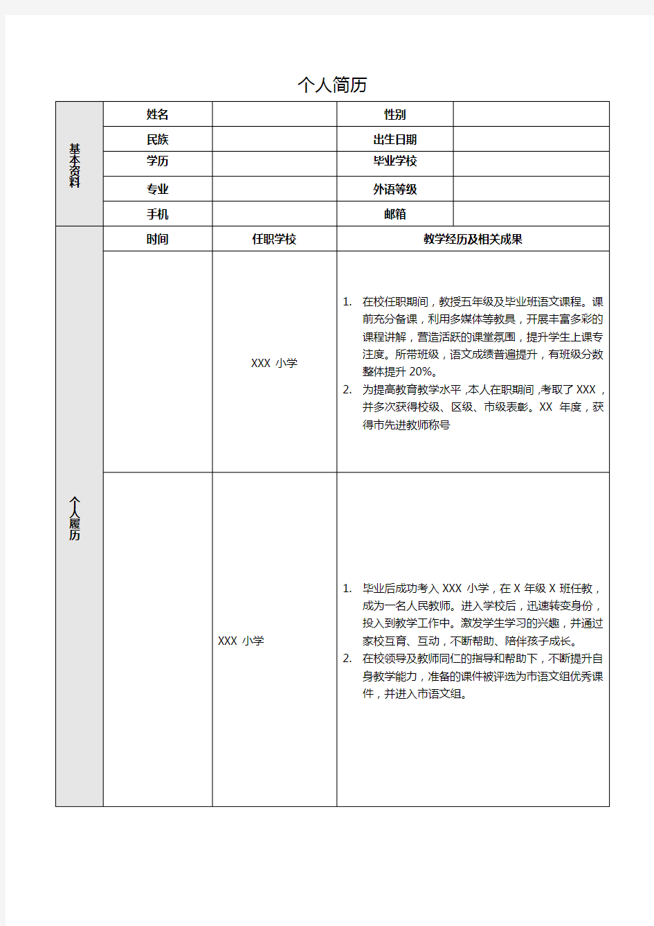 小学语文教师工作简历