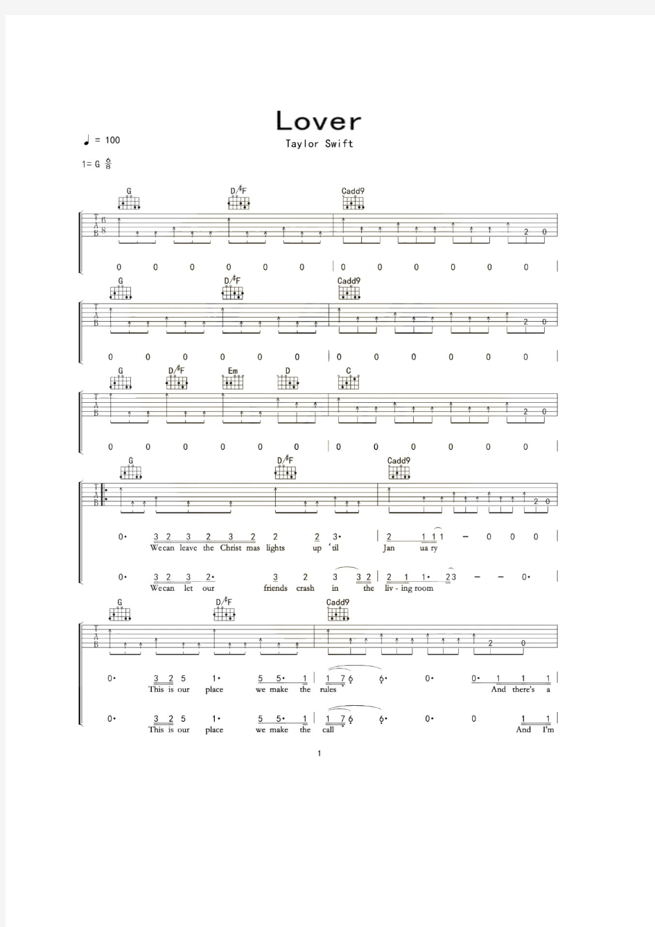 Lover 吉他谱 六线谱 弹唱独奏 带指法和弦 吉他乐谱.pdf