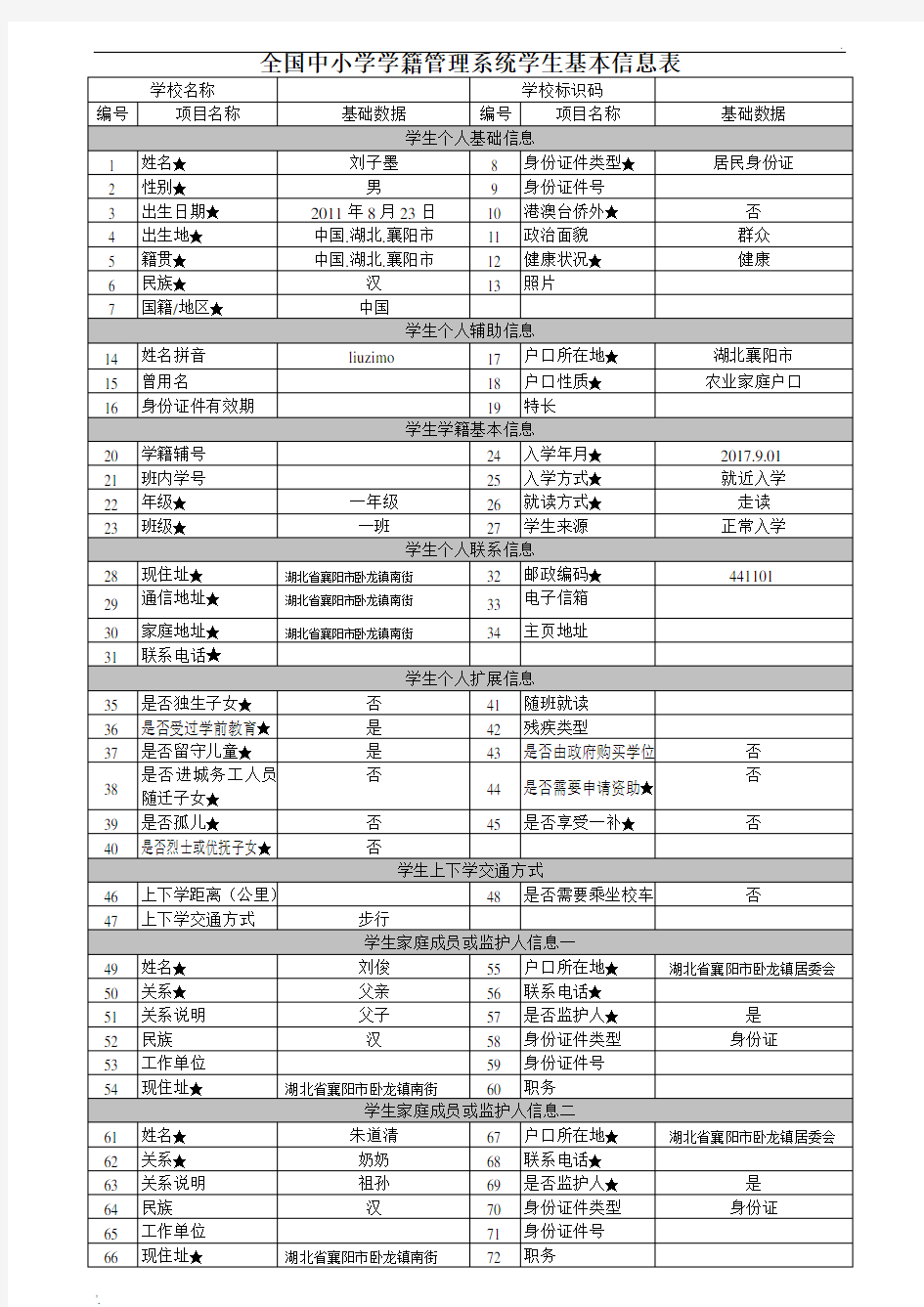 全国中小学学籍管理系统学生基本信息表