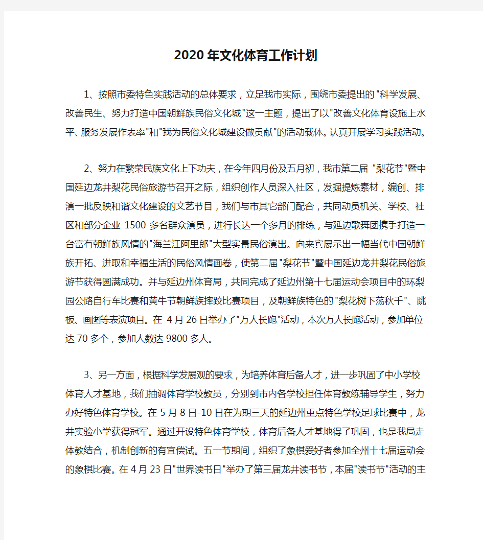 2020年文化体育工作计划