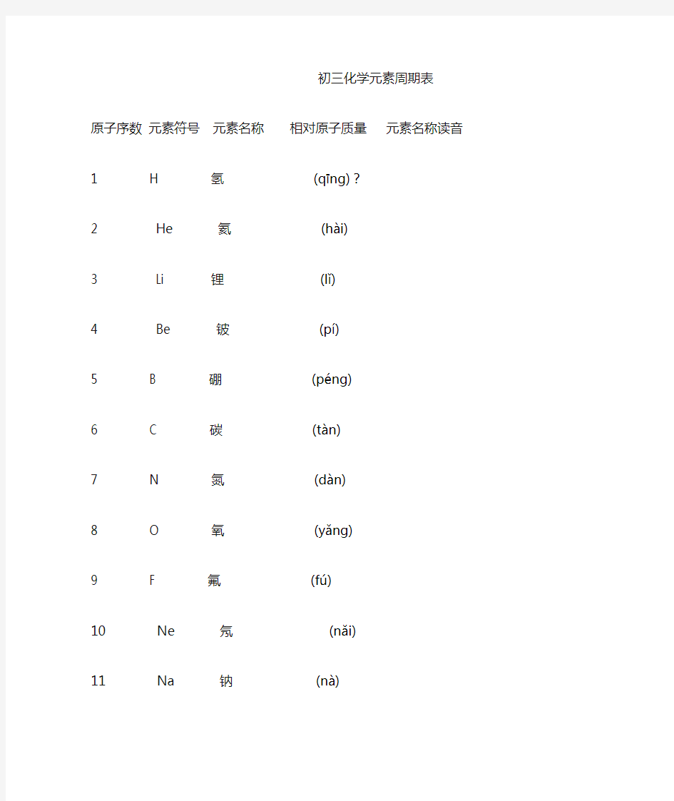 初三化学元素周期表 完整版 