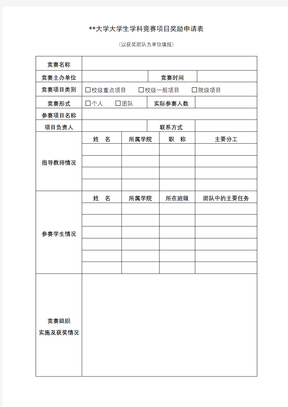 XX大学大学生学科竞赛项目奖励申请表【模板】