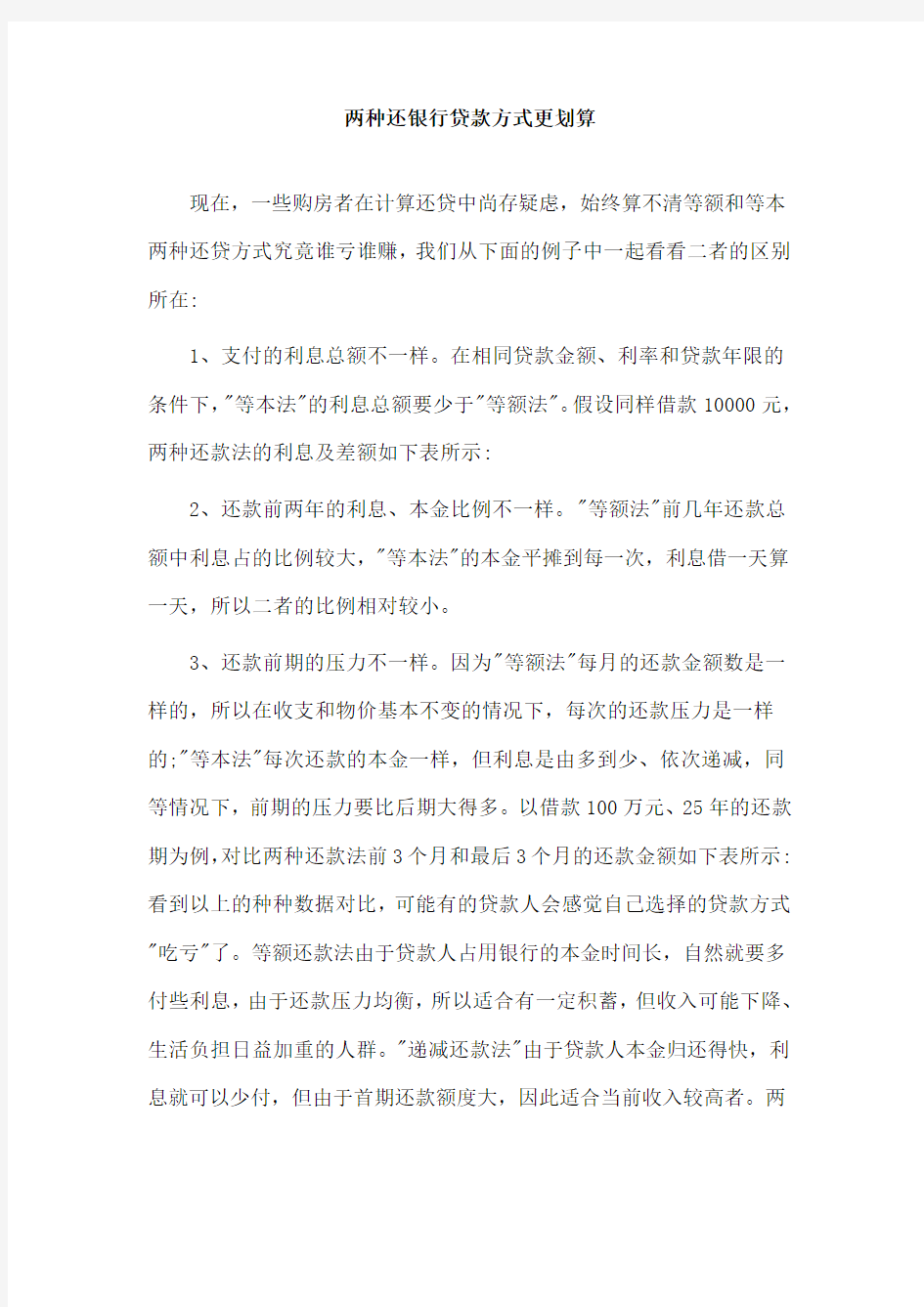 两种还银行贷款方式更划算