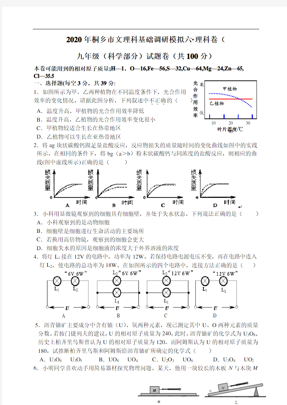 2020年桐乡市九年级科学中考模拟试卷