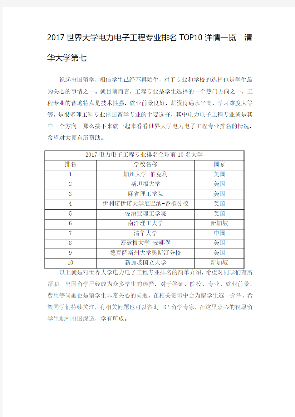 2017世界大学电力电子工程专业排名TOP10详情一览  清华大学第七