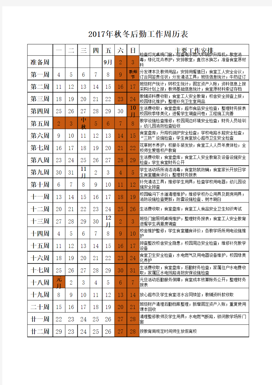 2017年秋后勤工作周历表