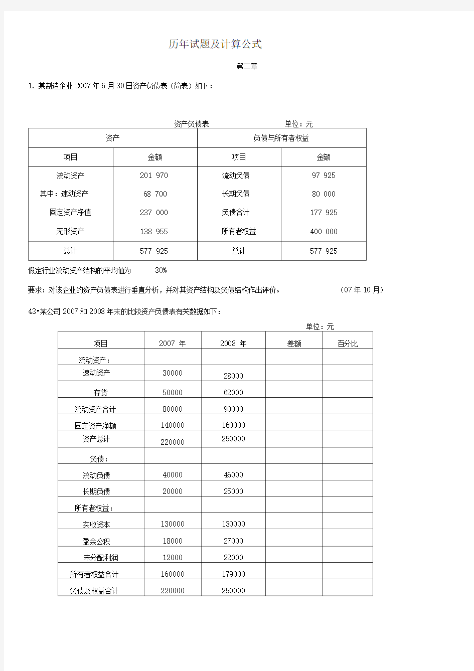 财务报表分析(一)历年计算题及公式