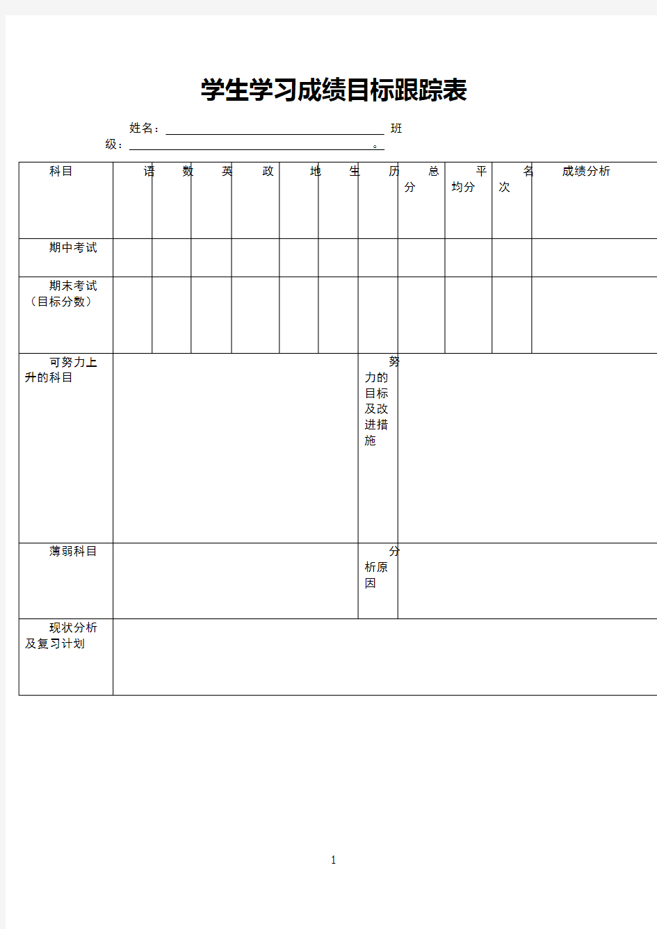 学生学习成绩目标跟踪表