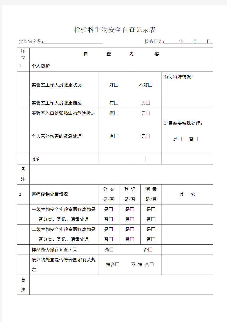 实验室生物安全自查记录表