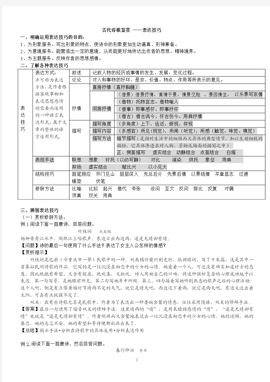 高考语文诗歌表达技巧教案