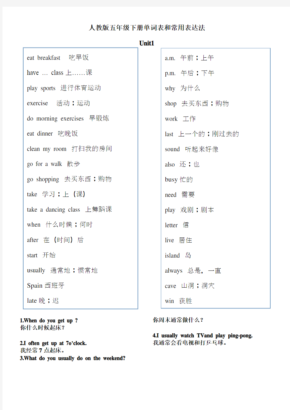(完整版)新人教版五年级英语下册单词表