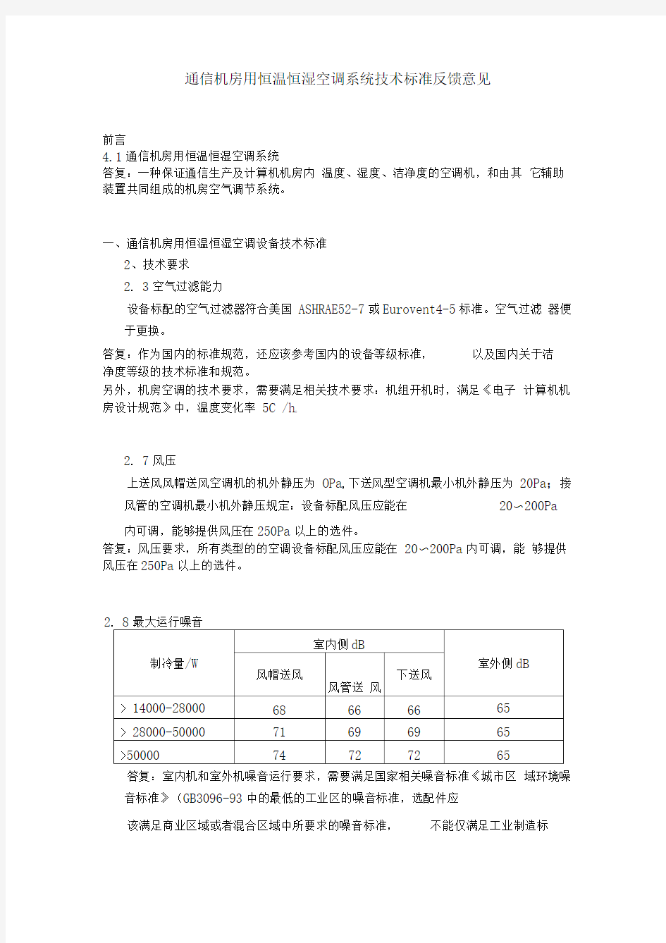 通信机房用恒温恒湿空调系统技术标准反馈意见