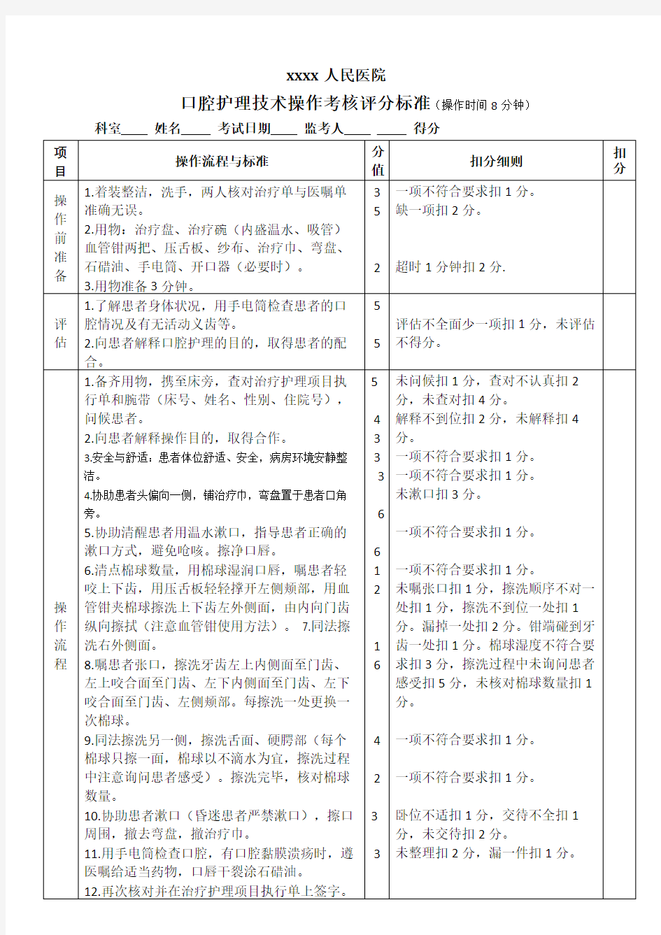 口腔护理操作考核评分标准