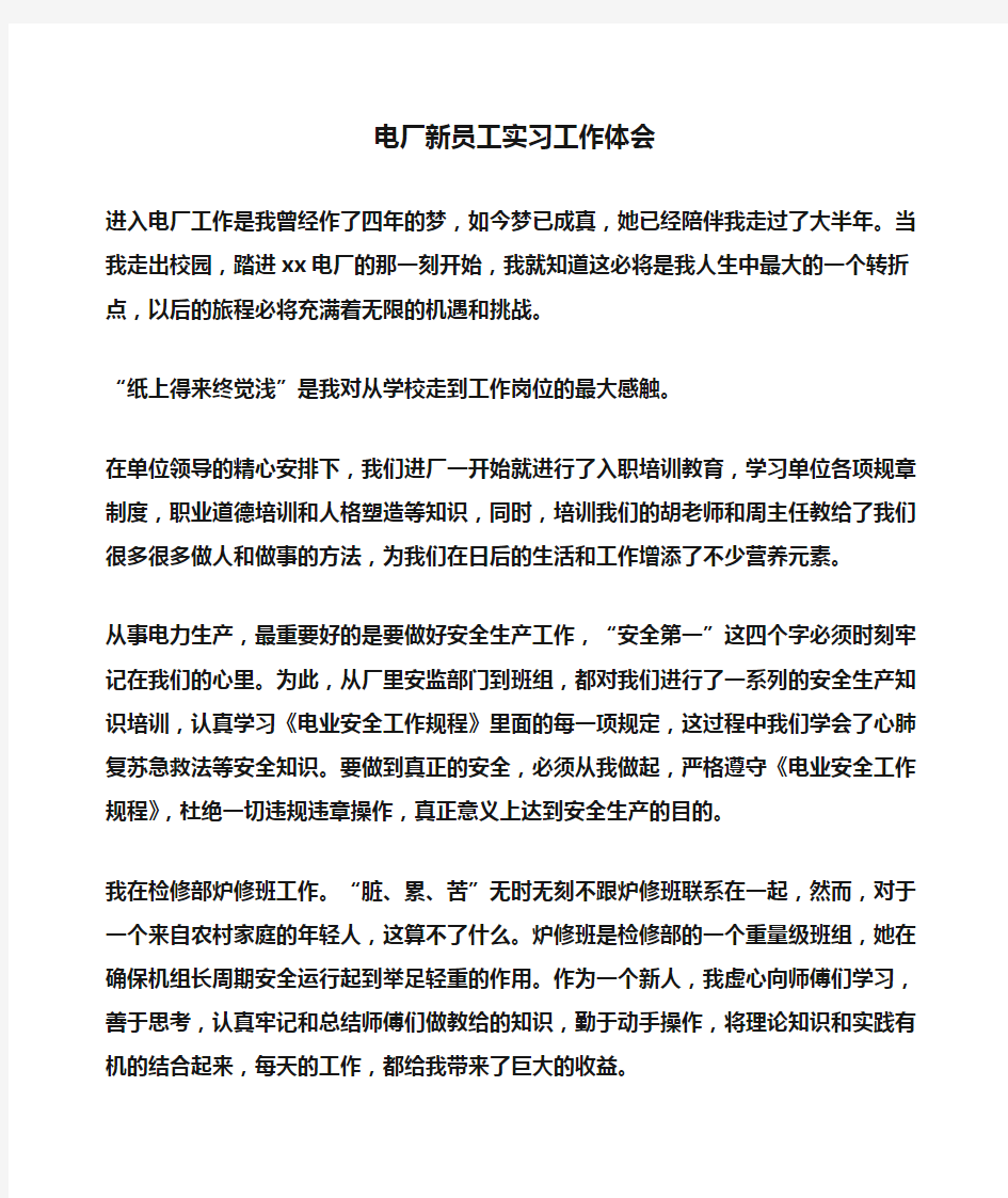 电厂新员工实习工作体会(体会心得)