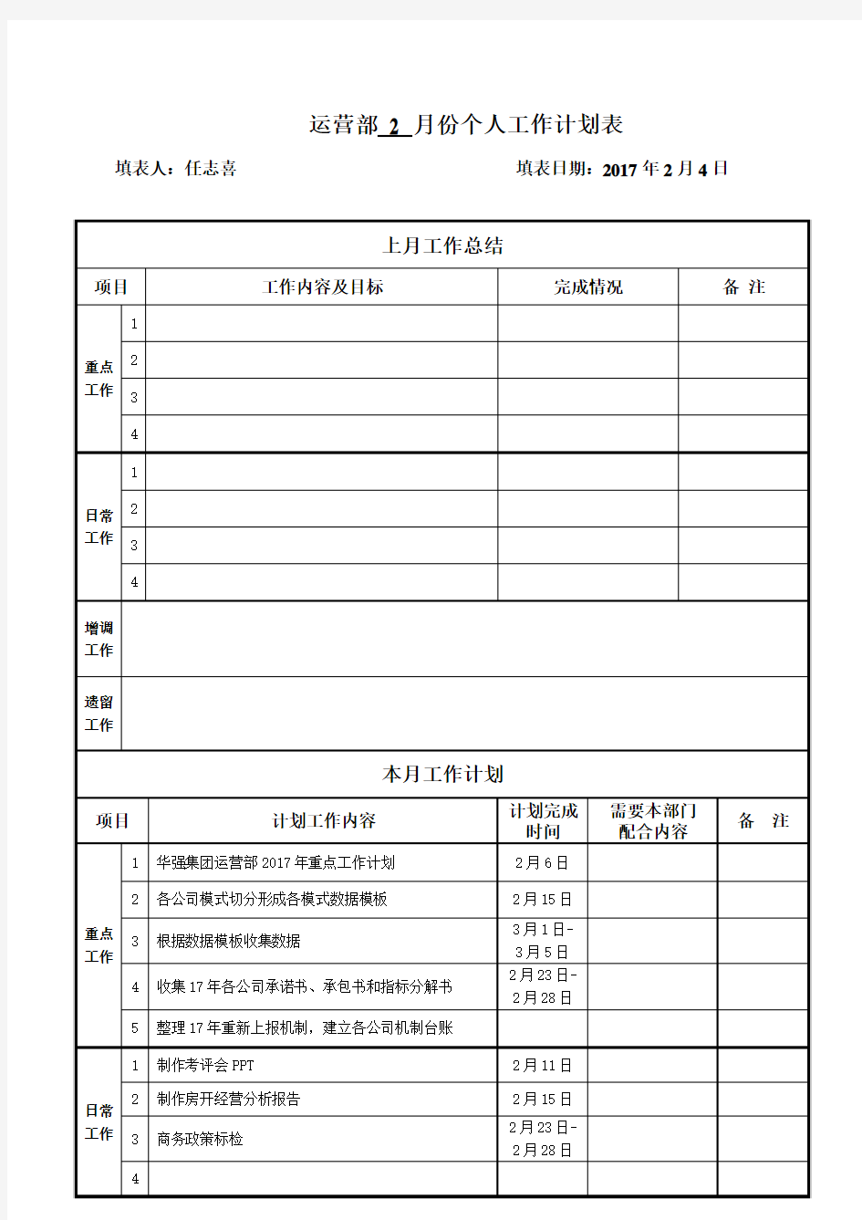 【运营部】月份个人工作计划表