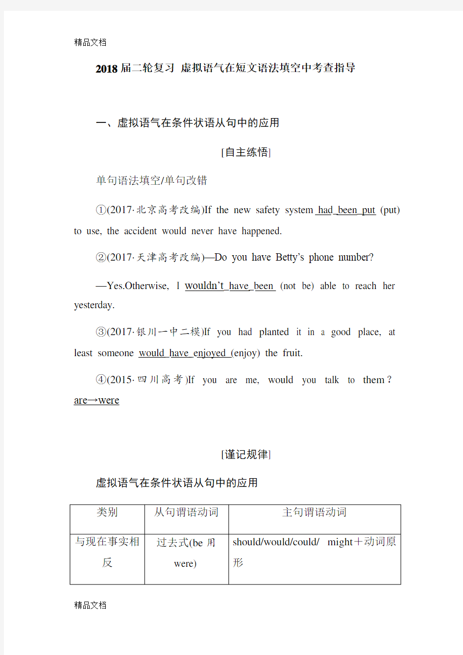 2018届高考英语二轮复习 虚拟语气在短文语法填空中考查指导  学案上课讲义