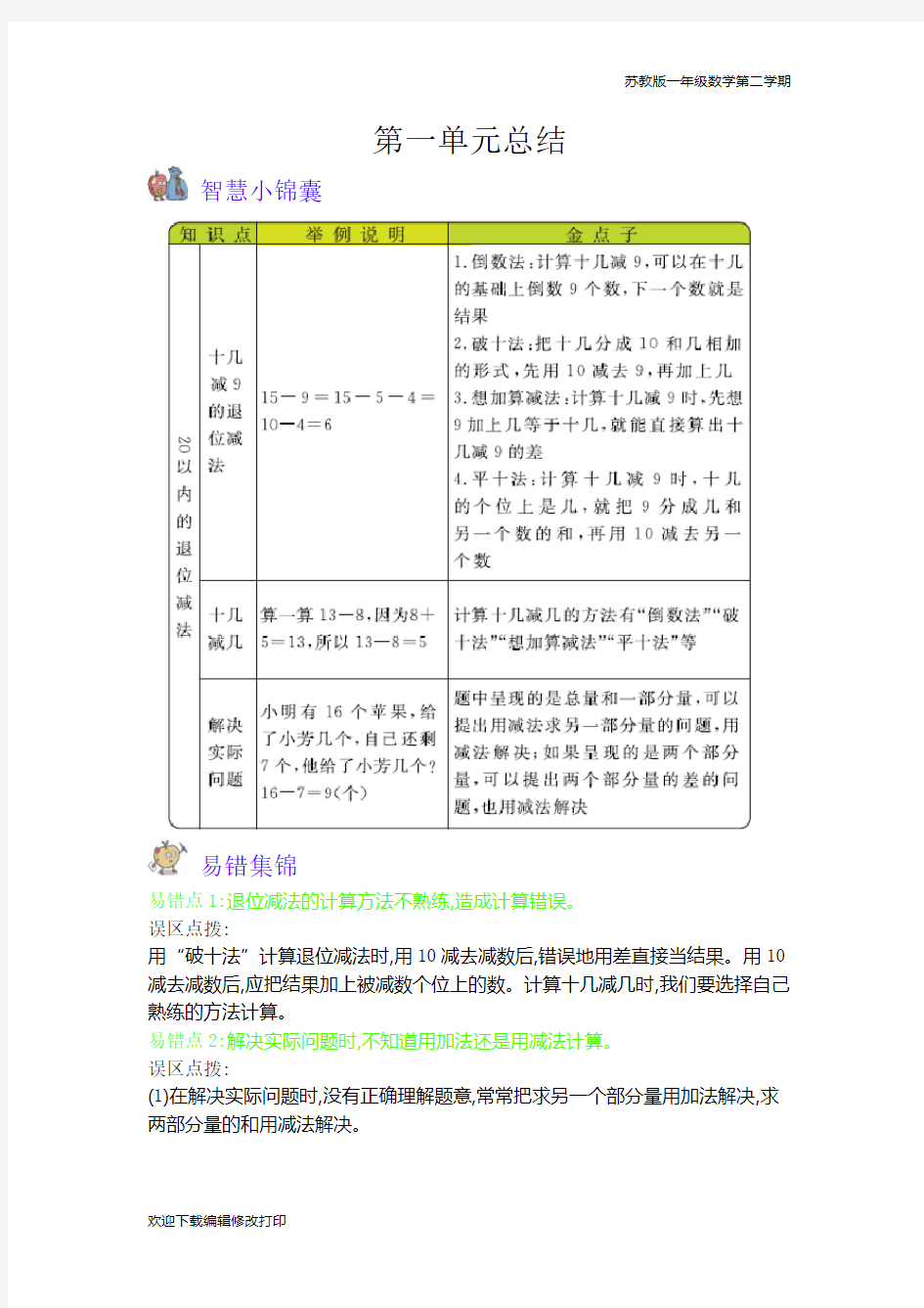 苏教版一年级数学下册全册知识点归纳总结清单