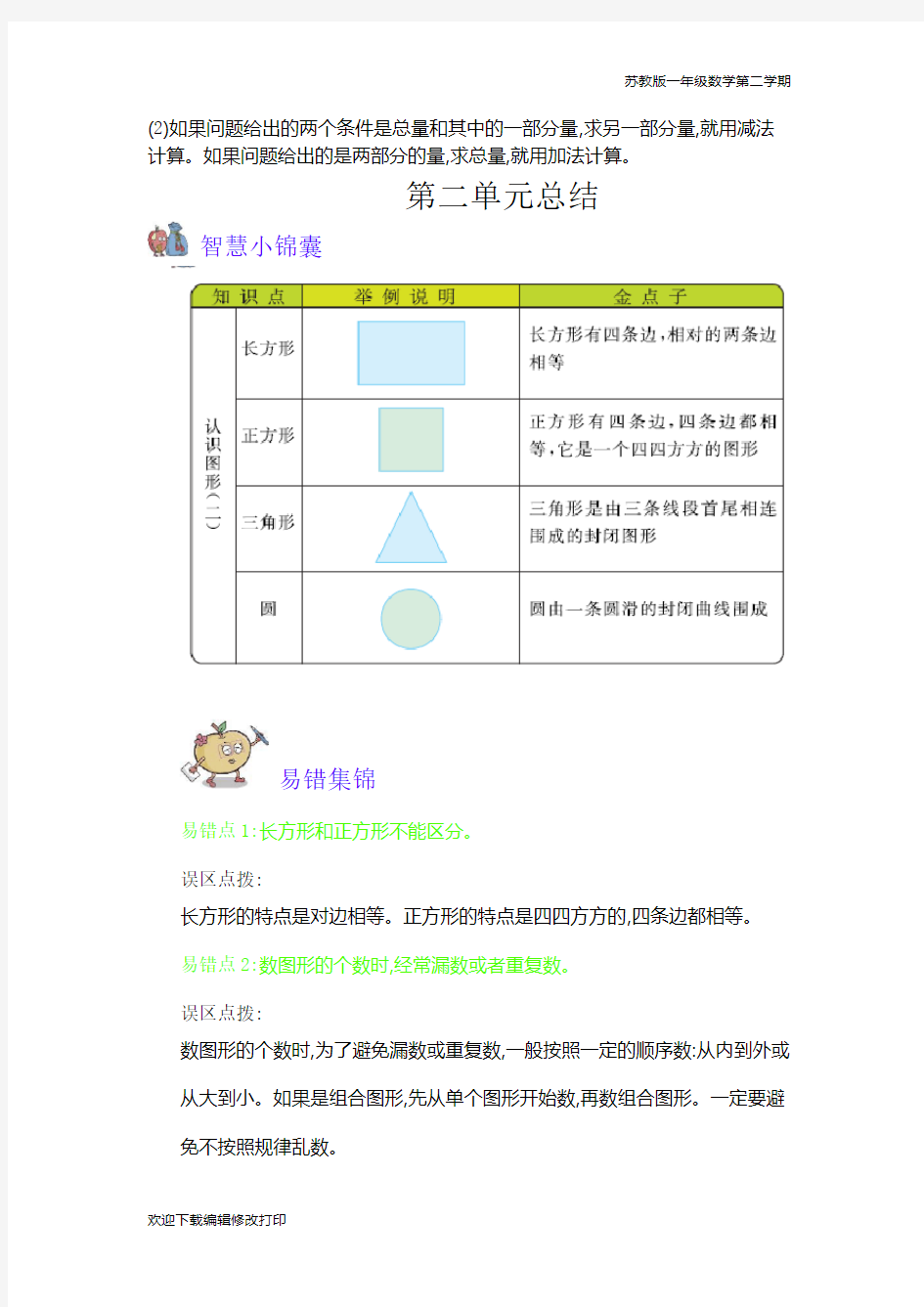 苏教版一年级数学下册全册知识点归纳总结清单