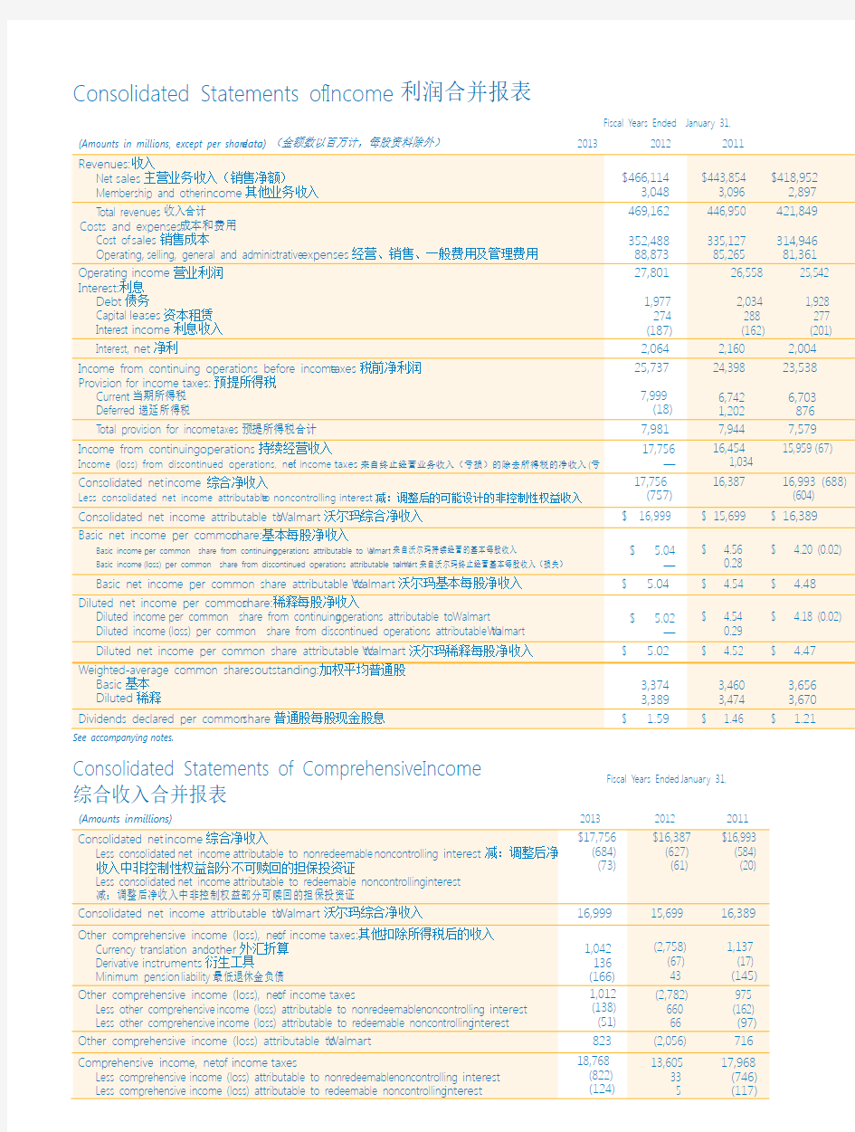 沃尔玛-利润表(2013)中英文对照