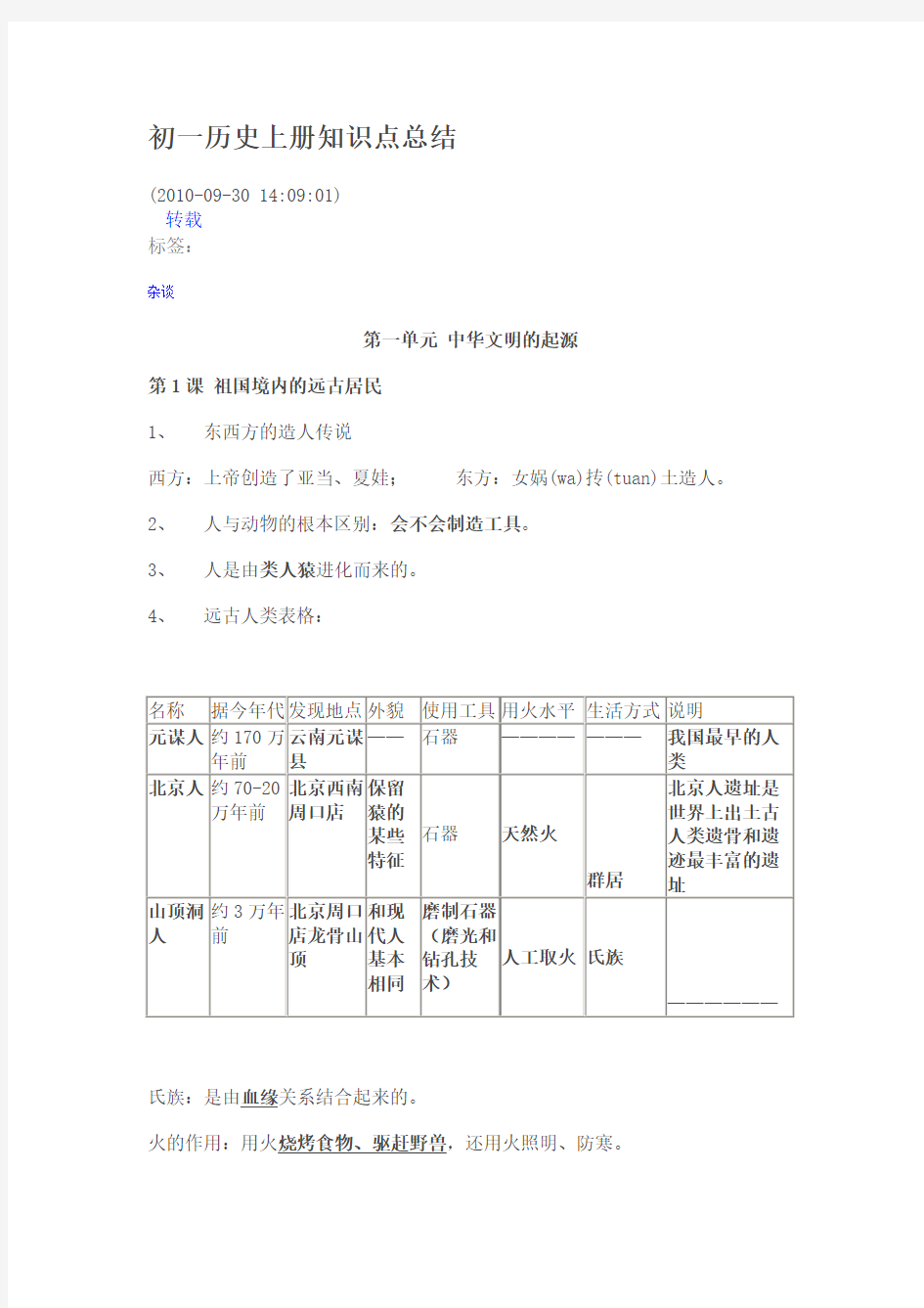 初一历史上册知识点总结