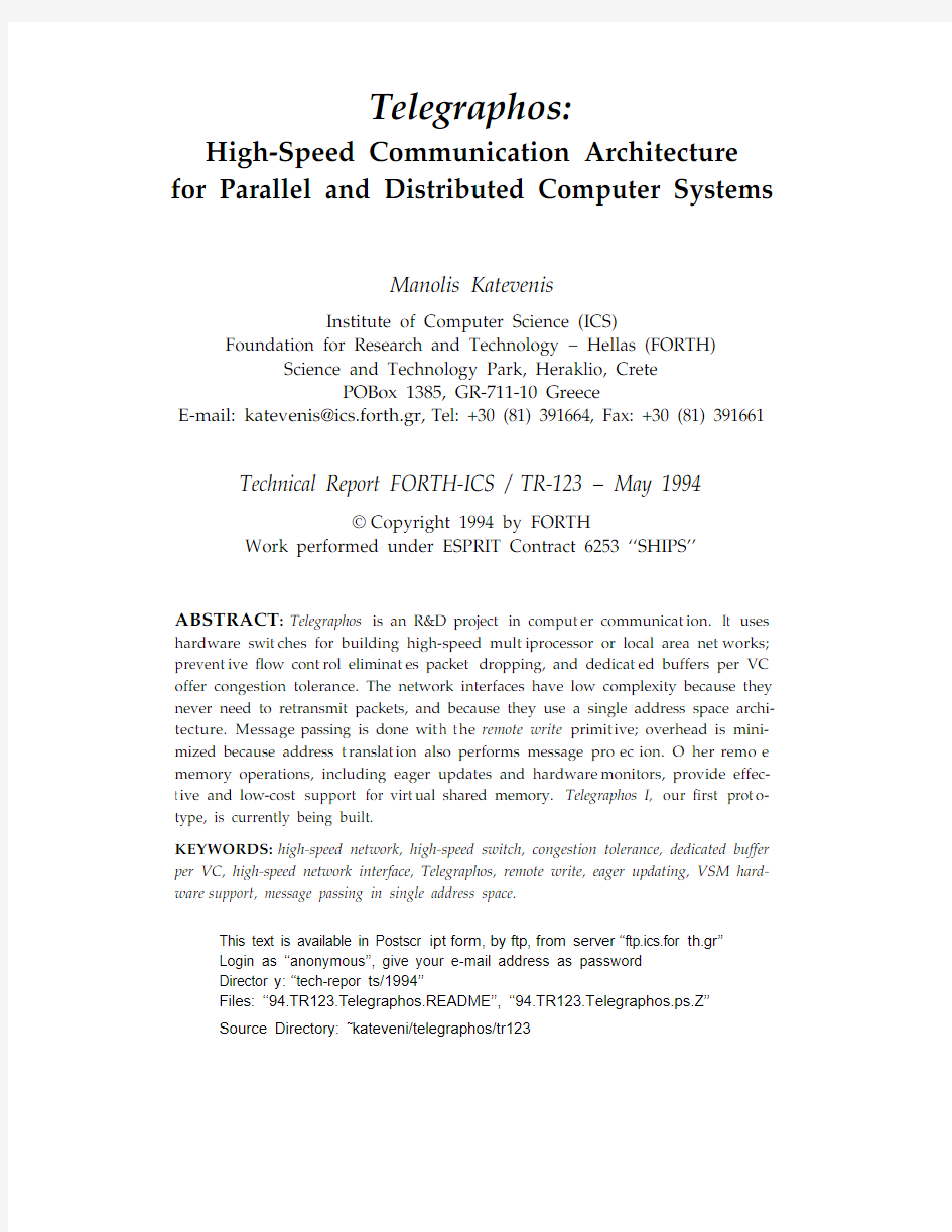 Telegraphos High-Speed Communications Architecture for Parallel and Distributed Computer Sy