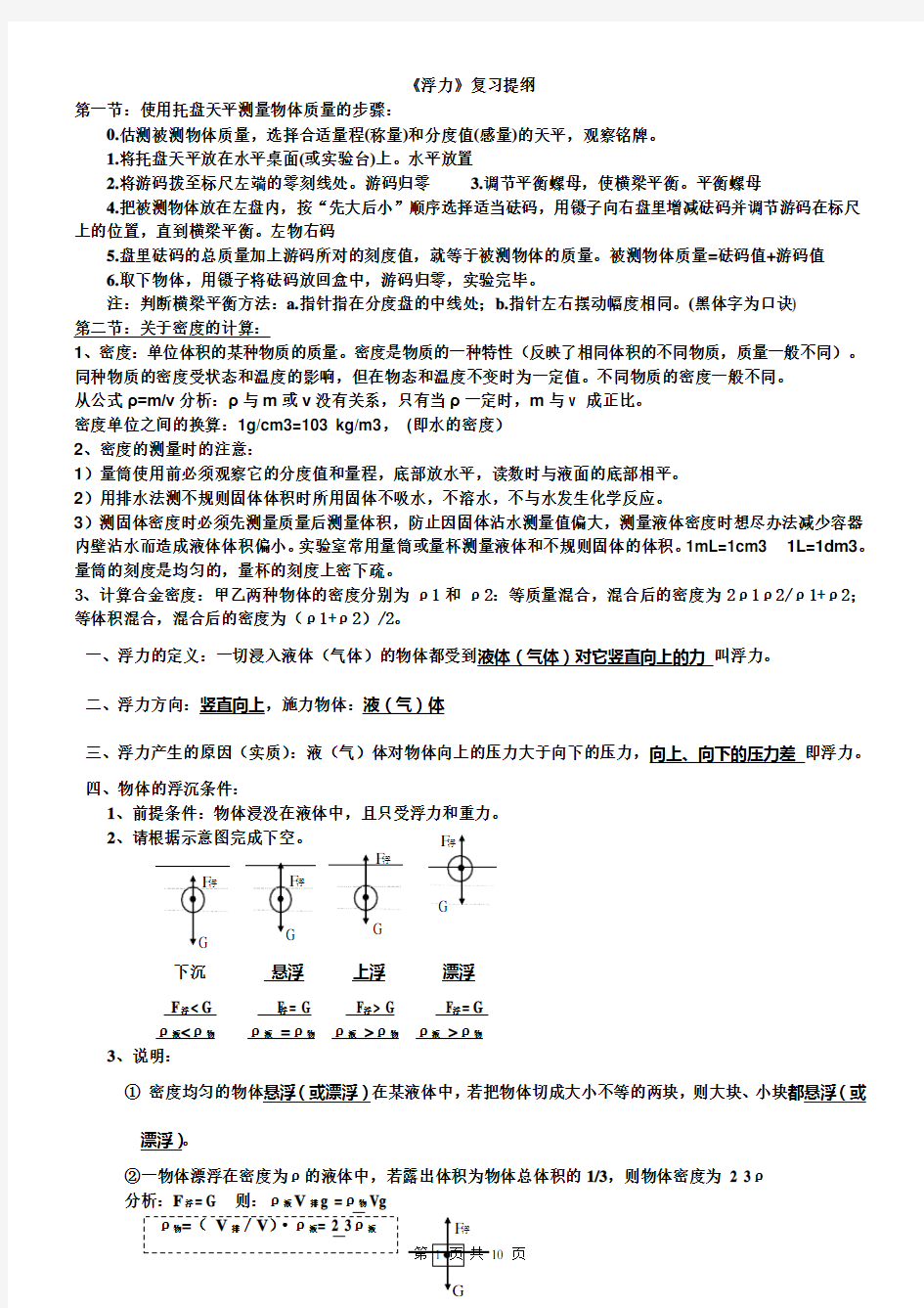 八年级物理浮力复习知识点、题型整理及答案