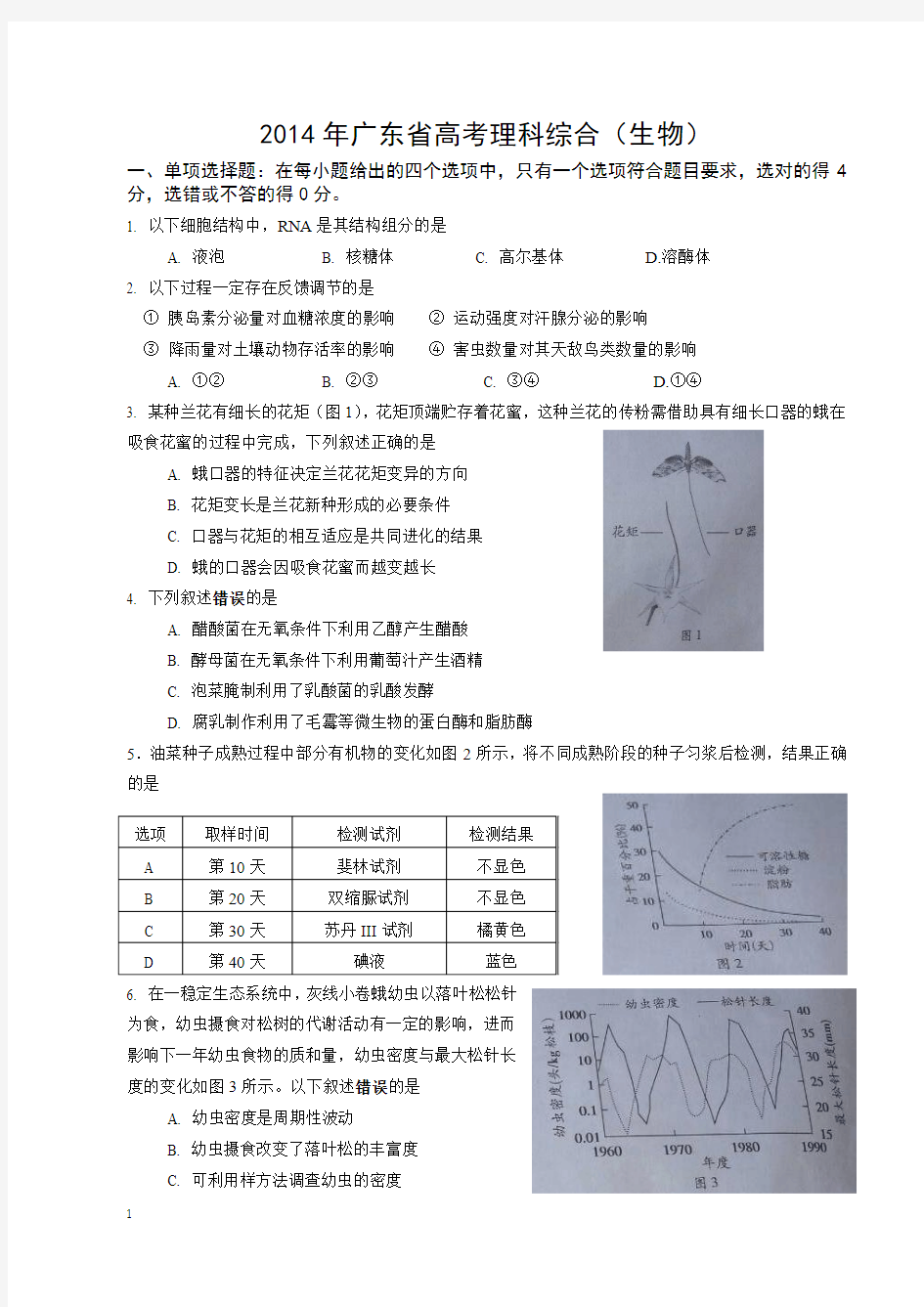 2014年广东高考理科综合生物试题及答案