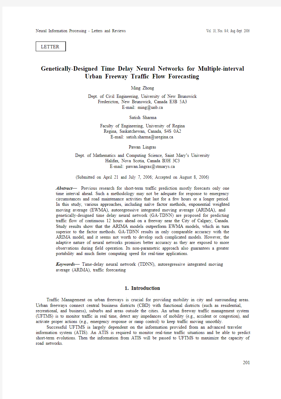 LETTER Genetically-Designed Time Delay Neural Networks for Multiple-interval Urban Freeway