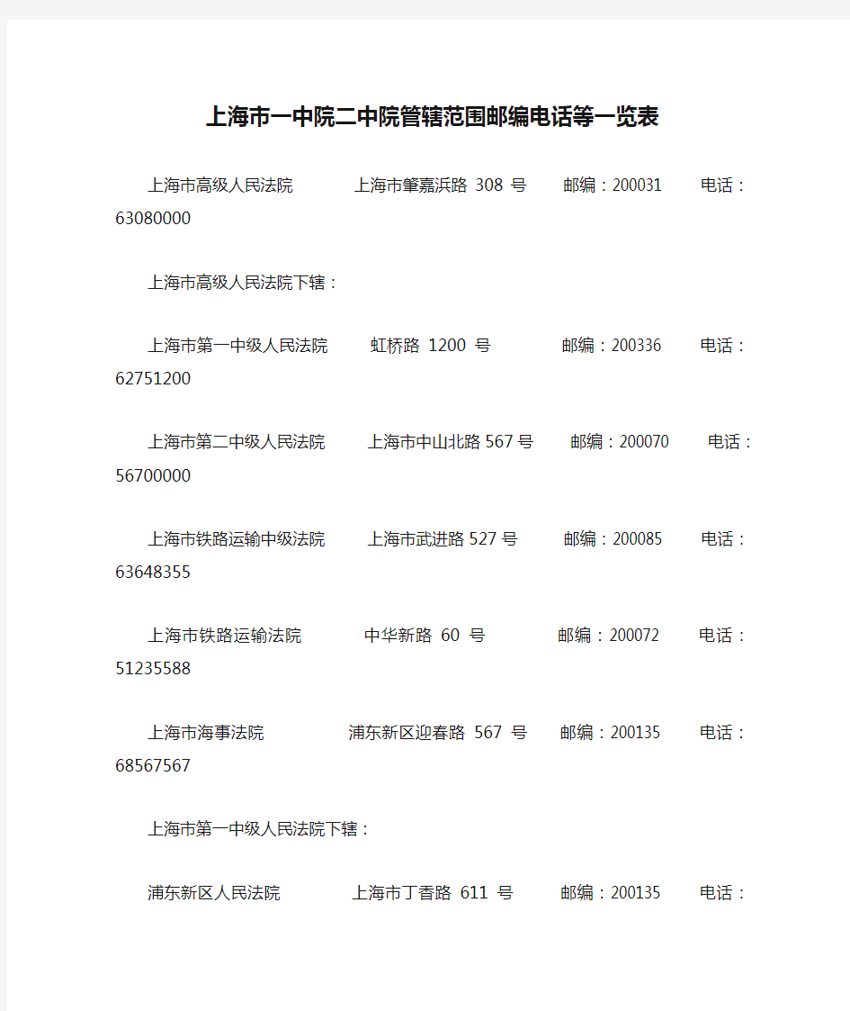 上海市一中院二中院管辖范围邮编电话等一览表
