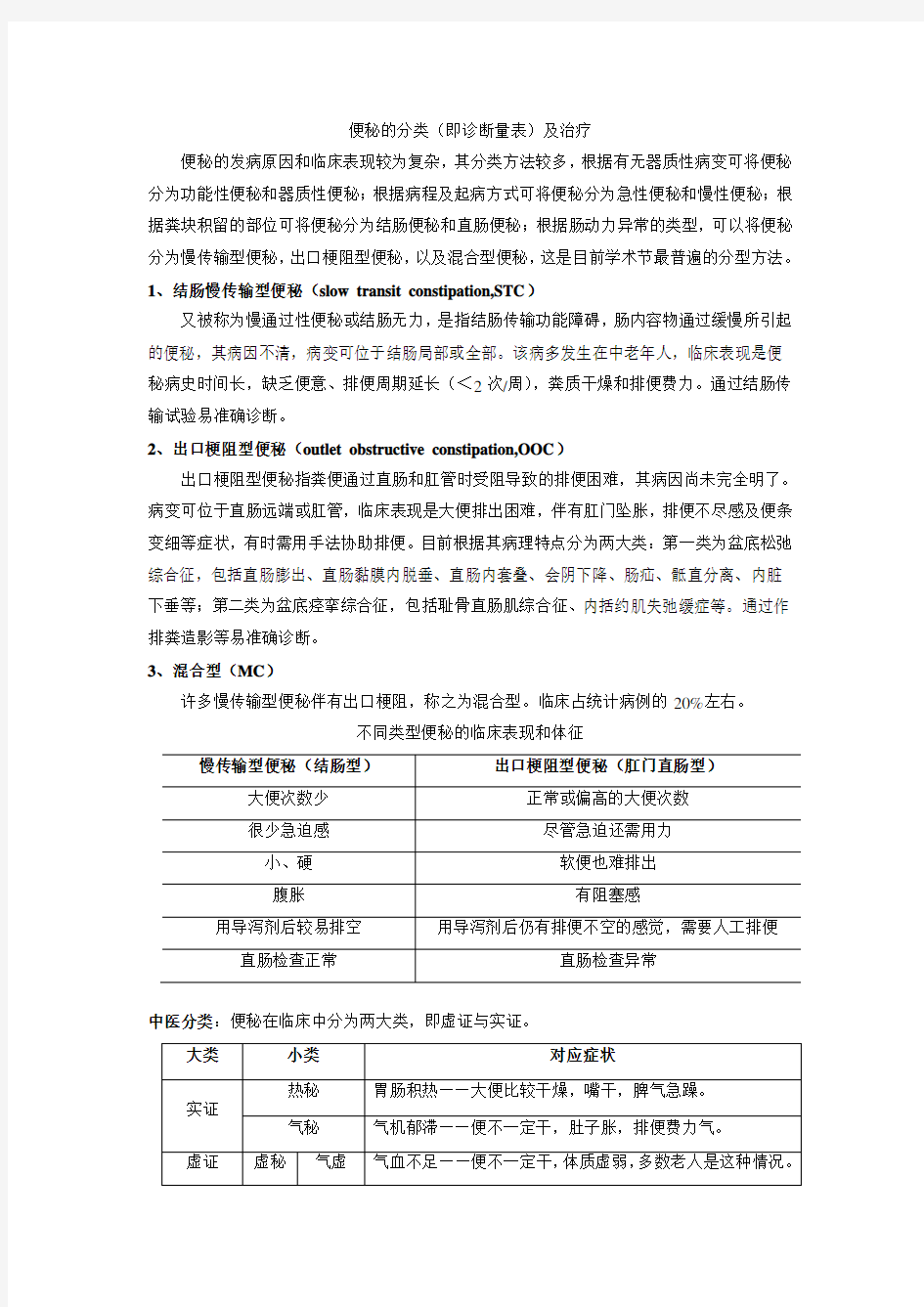 便秘的分类(即诊断量表)及治疗