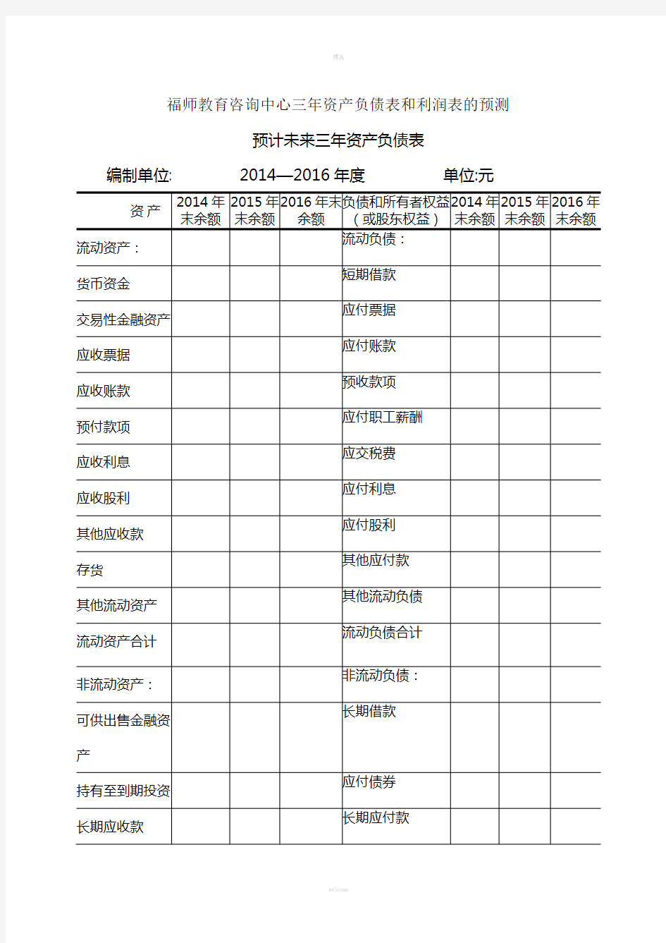 未来三年资产负债表和利润表的预测