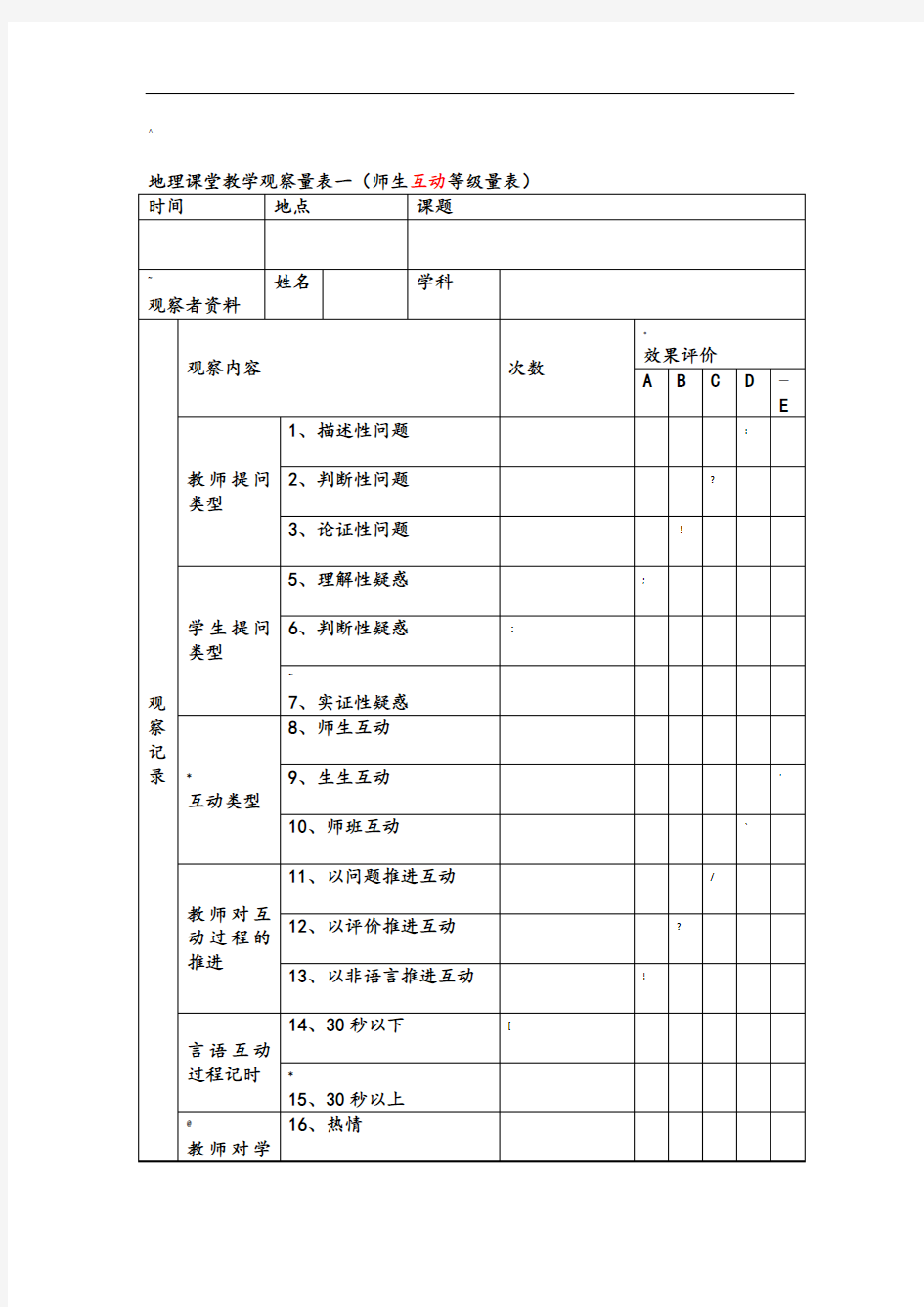 课堂观察量表范例