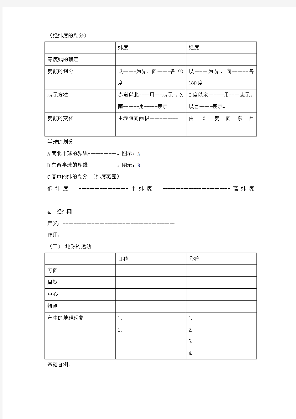 七年级地理上册 第一单元 复习学案 中图版