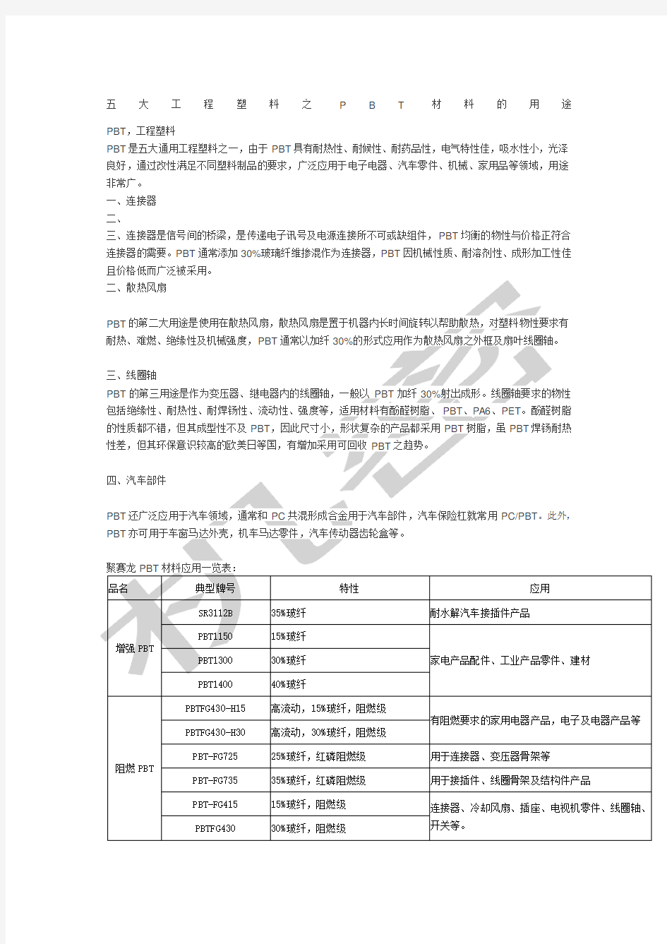 五大工程塑料之PBT材料的用途