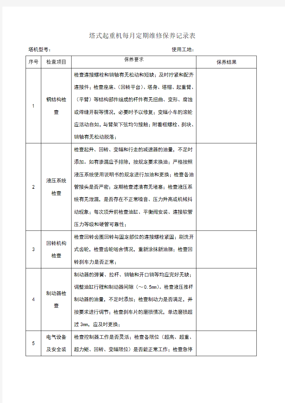 塔吊每月定期维修保养记录表