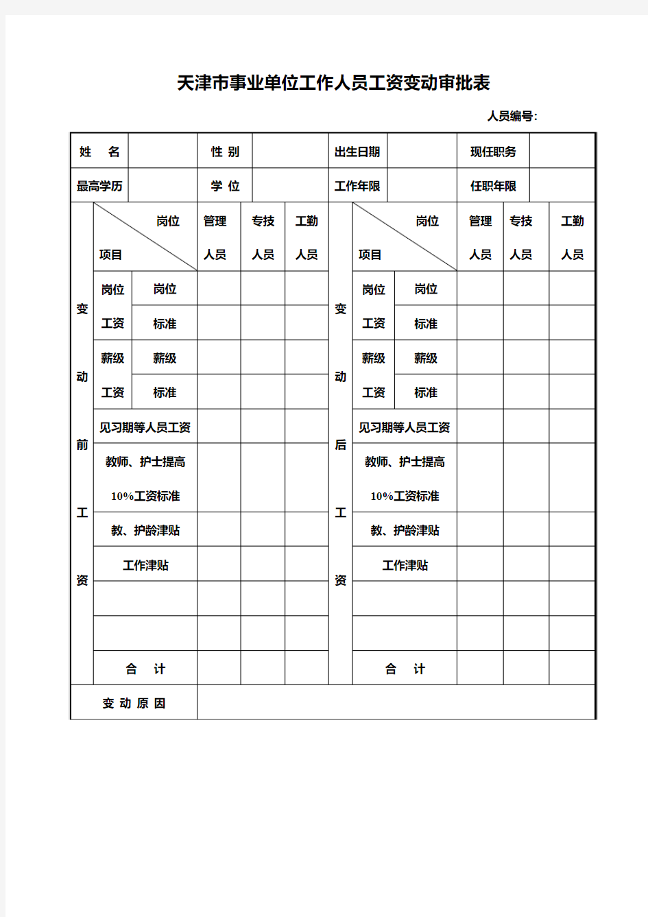 天津事业单位工作人员工资变动审批表