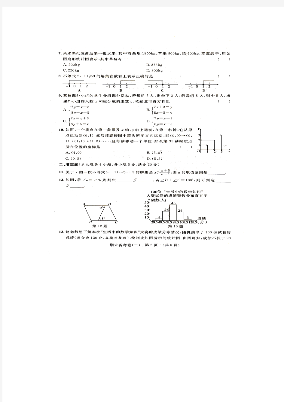 人教版七年级数学下册期末备考卷(二)(扫描版 无答案)
