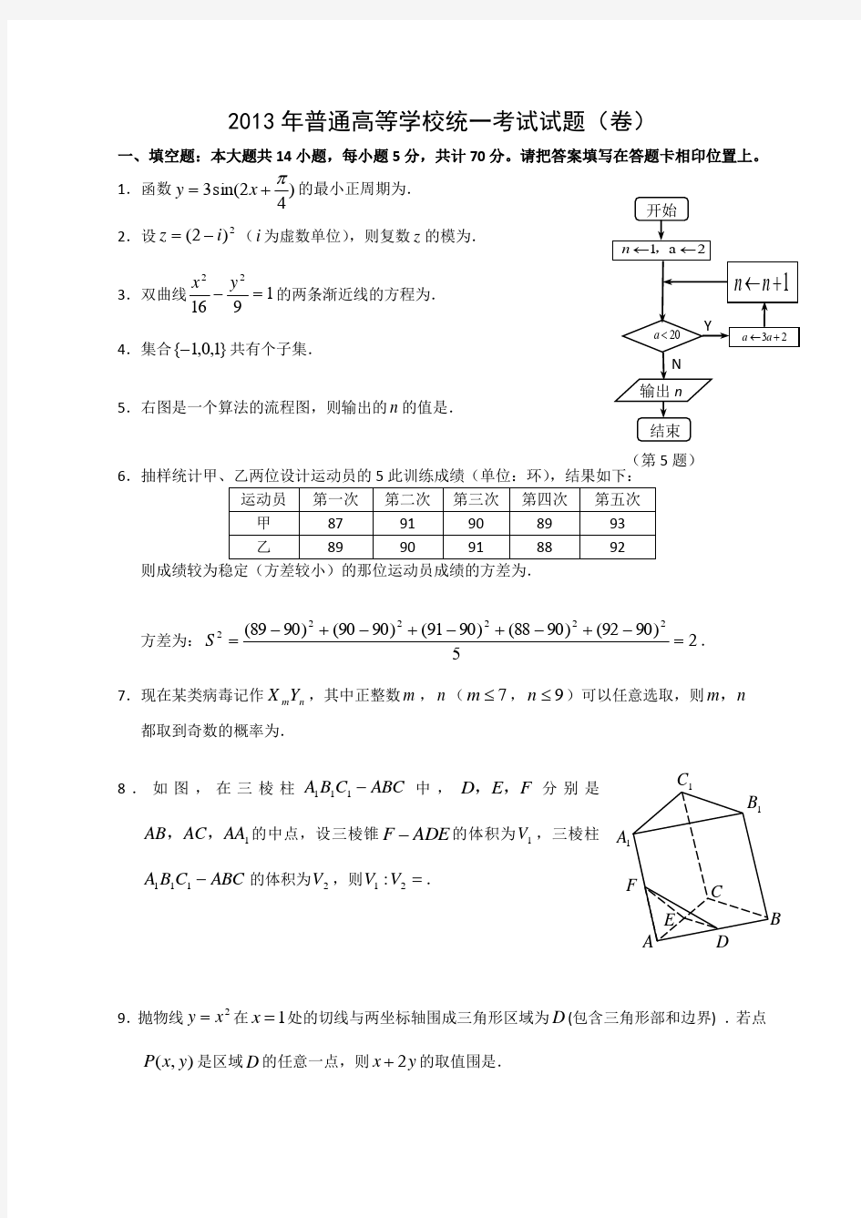 2013江苏省高考数学真题(含答案)
