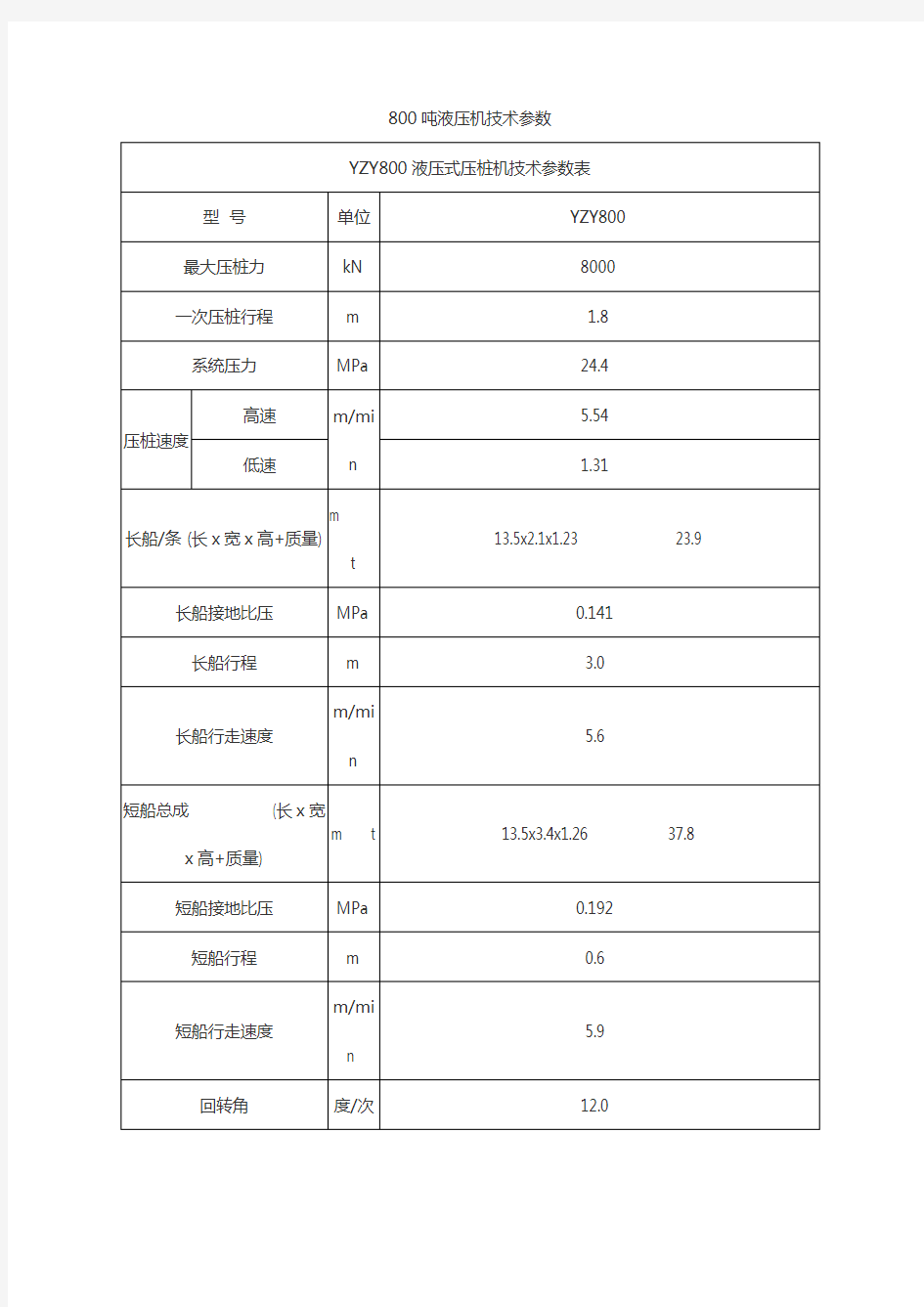 800吨液压机技术参数