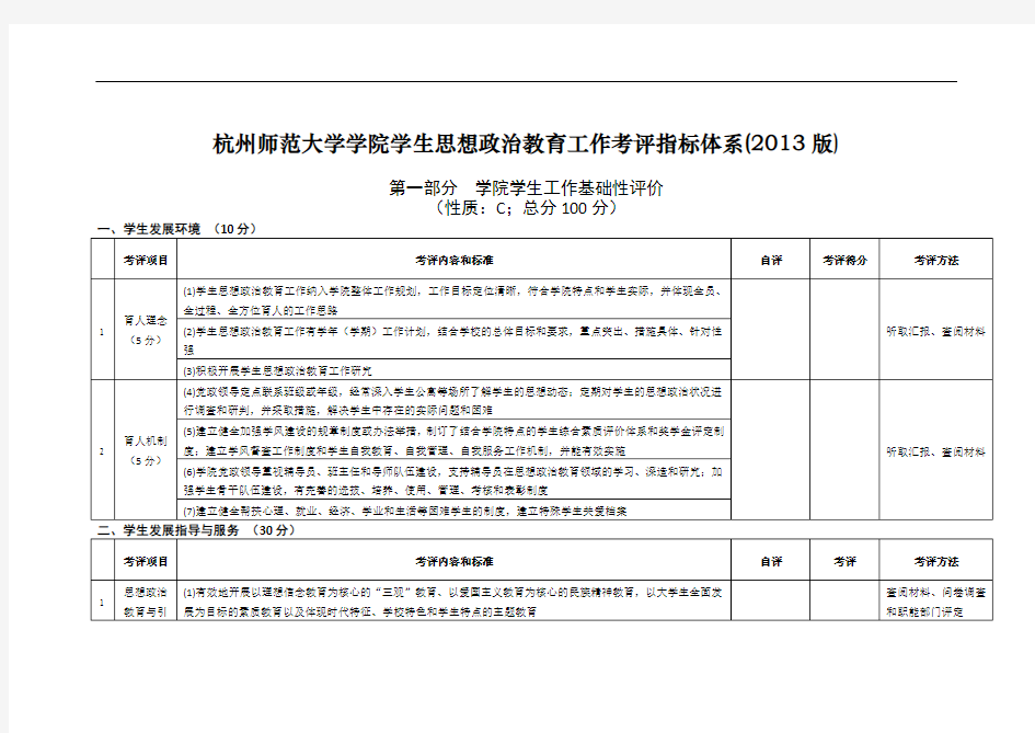杭州师范大学学院学生思想政治教育工作考评指标体系(2013
