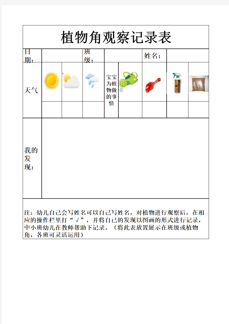 幼儿园植物角观察记录表 