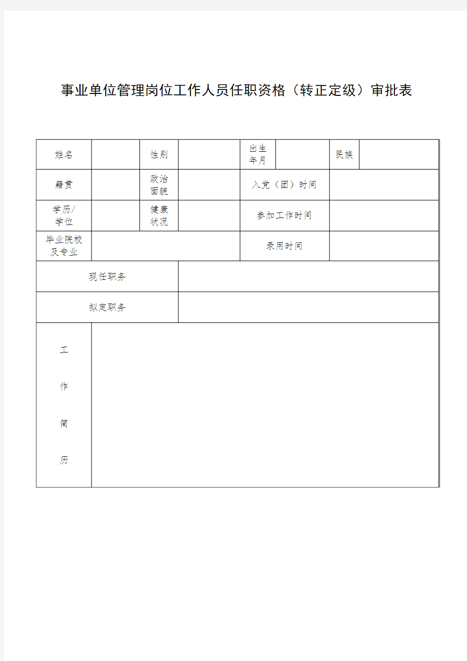 事业单位管理岗位工作人员任职资格(转正定级)审批表 .doc