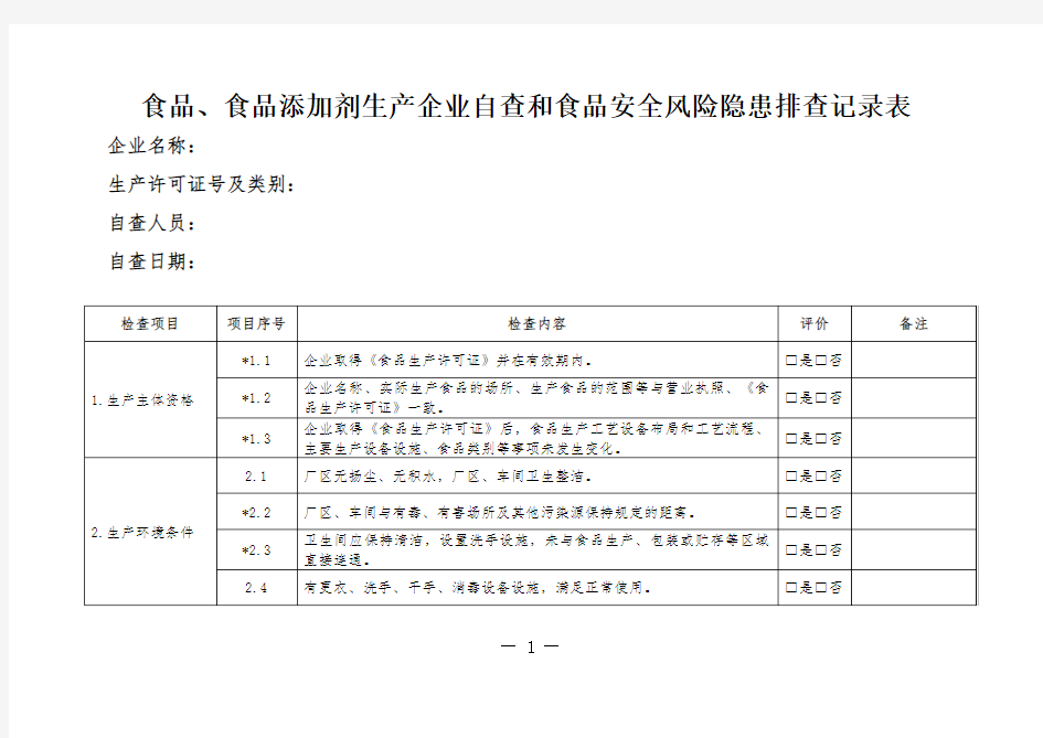 食品、食品添加剂生产企业自查和食品安全风险隐患排查记录表