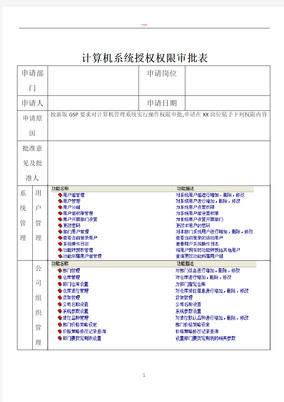 计算机系统授权权限审批表